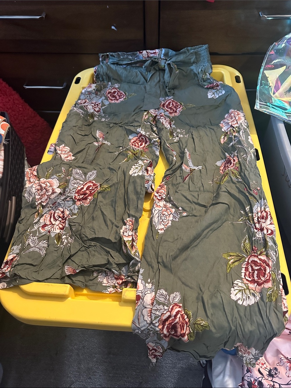 Angie Olive Green Floral Boot Cut Pants